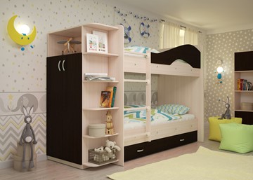 Детская 2-этажная кровать Мая на щитах со шкафом и ящиками, корпус Млечный дуб, фасад Венге в Улан-Удэ