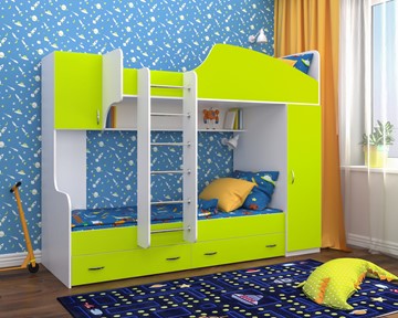 Детская 2-этажная кровать Ярофф Юниор-2, каркас Белое дерево, фасад Лайм в Улан-Удэ