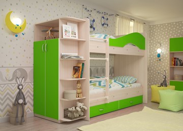 Двухэтажная детская кровать Мая на щитах со шкафом и ящиками, корпус Млечный дуб, фасад Салатовый в Улан-Удэ