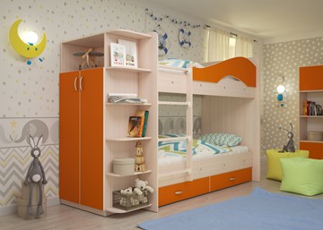 Детская 2-х ярусная кровать Мая на щитах со шкафом и ящиками, корпус Млечный дуб, фасад Оранжевый в Улан-Удэ