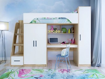 Кровать-чердак детская с шкафом Ярофф Тея, каркас Ясень, фасад Белый в Улан-Удэ
