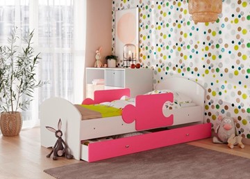 Кровать детская с ящиком и бортиками Мозайка, корпус Белый/фасад Розовый (щиты) в Улан-Удэ