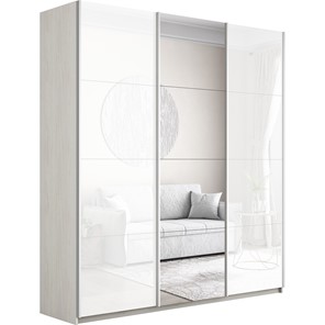 Шкаф 3-дверный Широкий Прайм (2 Стекла Белых / Зеркало) 2400x570x2300, Ясень Анкор светлый в Улан-Удэ