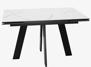 Стеклянный кухонный стол раздвижной DikLine SFM120 Стекло Белый мрамор САТИН/подстолье черное/опоры черные в Улан-Удэ