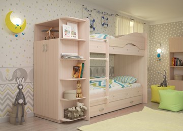 Детская двухэтажная кровать Мая на щитах со шкафом и ящиками, цвет Млечный дуб в Улан-Удэ - предосмотр
