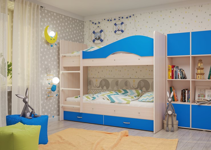 Двухэтажная детская кровать Мая на щитах, корпус Млечный дуб, фасад Синий в Улан-Удэ - изображение 1