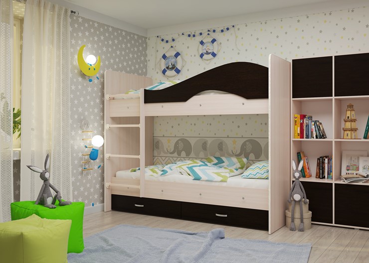 Детская 2-этажная кровать Мая на щитах со шкафом и ящиками, корпус Млечный дуб, фасад Венге в Улан-Удэ - изображение 1