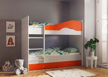 Двухъярусная детская кровать Мая с 2 ящиками на щитах, корпус Млечный дуб, фасад Оранжевый в Улан-Удэ - предосмотр