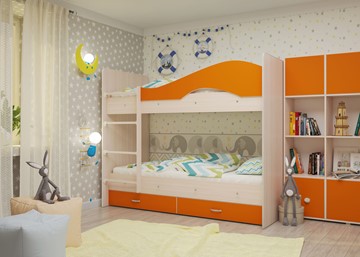 Двухъярусная детская кровать Мая с 2 ящиками на щитах, корпус Млечный дуб, фасад Оранжевый в Улан-Удэ - предосмотр 3