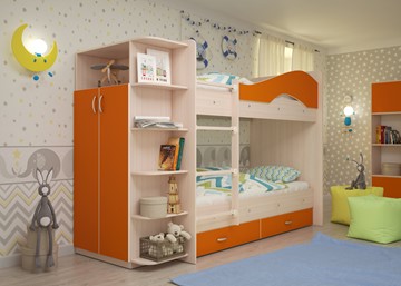 Двухъярусная детская кровать Мая с 2 ящиками на щитах, корпус Млечный дуб, фасад Оранжевый в Улан-Удэ - предосмотр 1