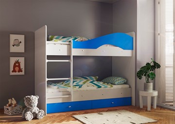 Детская двухэтажная кровать Мая с 2 ящиками на щитах, корпус Млечный дуб, фасад Синий в Улан-Удэ - предосмотр