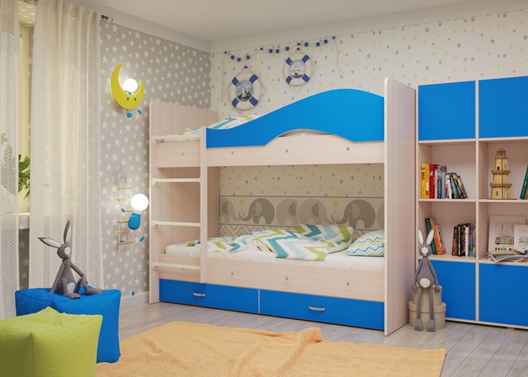 Детская двухэтажная кровать Мая с 2 ящиками на щитах, корпус Млечный дуб, фасад Синий в Улан-Удэ - изображение 3