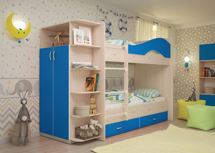Детская двухэтажная кровать Мая с 2 ящиками на щитах, корпус Млечный дуб, фасад Синий в Улан-Удэ - изображение 1