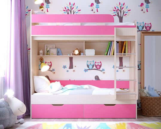 Двухэтажная детская кровать Юниор-5, каркас Дуб, фасад Розовый в Улан-Удэ - изображение