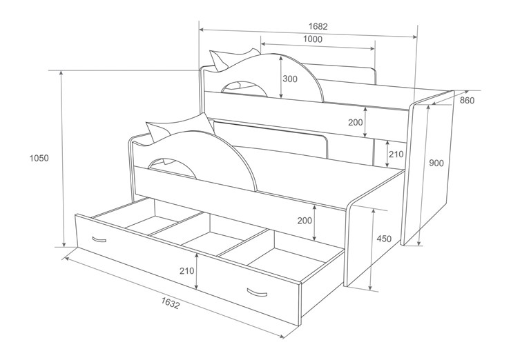 Кровать 2-ярусная Радуга 1.6 с ящиком, корпус Шимо светлый, фасад Шимо темный в Улан-Удэ - изображение 1
