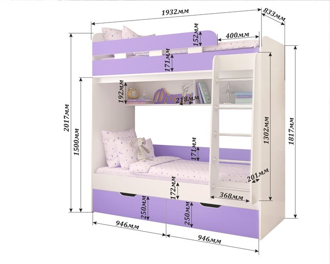 Двухэтажная детская кровать Юниор-5, каркас Дуб, фасад Розовый в Улан-Удэ - изображение 1
