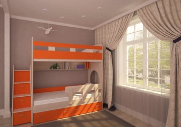 Детская двухэтажная кровать Юниор-1 с бортом, каркас Дуб, фасад Оранжевый в Улан-Удэ - предосмотр