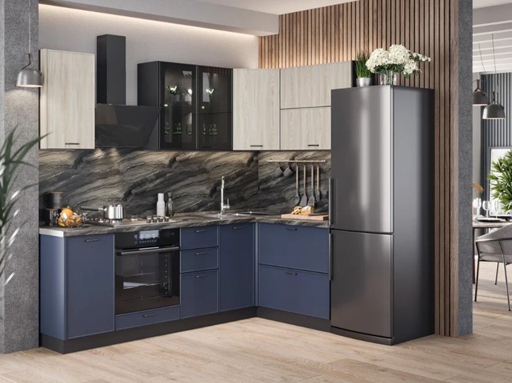 Модульный кухонный гарнитур угловой 2400 Индиго, Черный/Дуб мадейра топаз/Темно-синий в Улан-Удэ - изображение