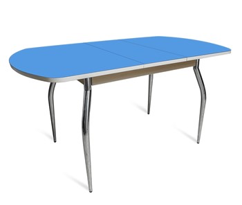 Кухонный раздвижной стол ПГ-07 СТ2, дуб молочный/синие стекло/35 хром гнутые металл в Улан-Удэ - предосмотр