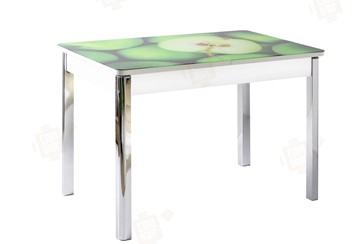 Обеденный раздвижной стол Айсберг-01 СТФ, белый/фотопечать зеленые яблоки/ноги хром квадратные в Улан-Удэ