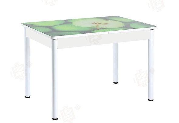 Кухонный стол раскладной Айсберг-01 СТФ, белый/фотопечать зеленые яблоки/ноги крашеные в Улан-Удэ - изображение