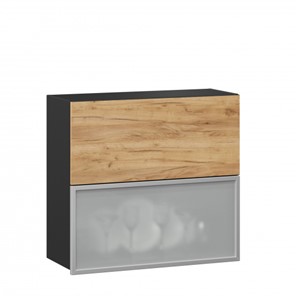 Навесной кухонный шкаф 800 горизонтальный, Шервуд, ЛД 281.981.000.049, со стеклом, черный/дуб золотой в Улан-Удэ