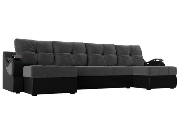 П-образный диван Меркурий П, Серый\Черный (Велюр\Экокожа) в Улан-Удэ - изображение