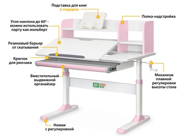 Растущий стол Ergokids TH-330 Pink TH-330 W/PN, столешница белая / накладки на ножках розовые в Улан-Удэ - предосмотр 1